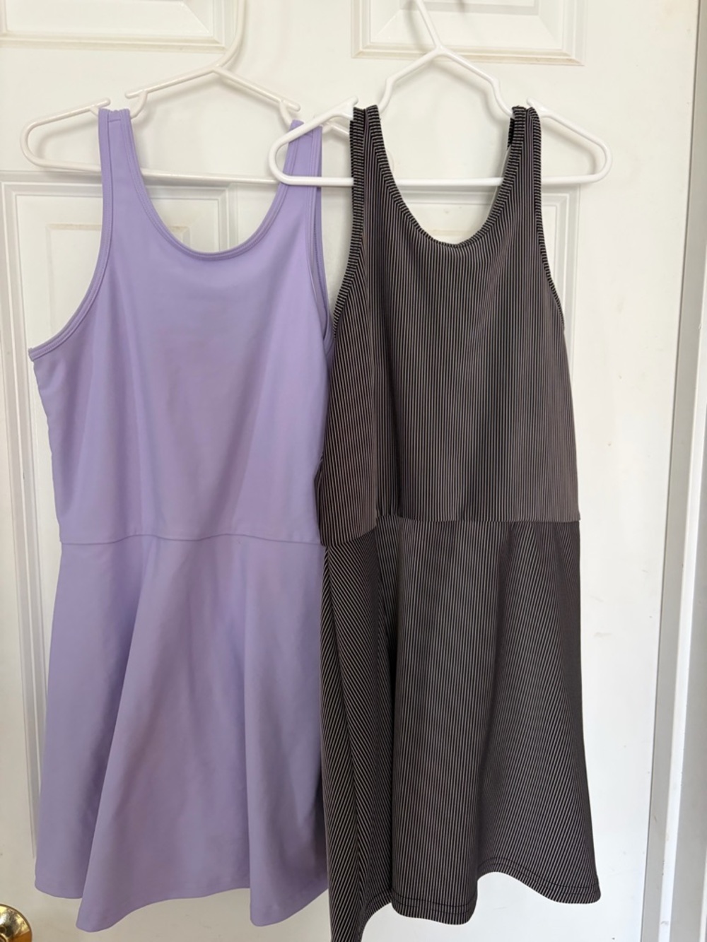 Two girls old navy dresses with shorts under in Lavender and Black Pinstripe